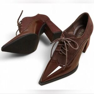 Shi Gu Niang Pointed Toe Chunky Heel Lace Up Brogue Detailing Oxford Shoe - 40